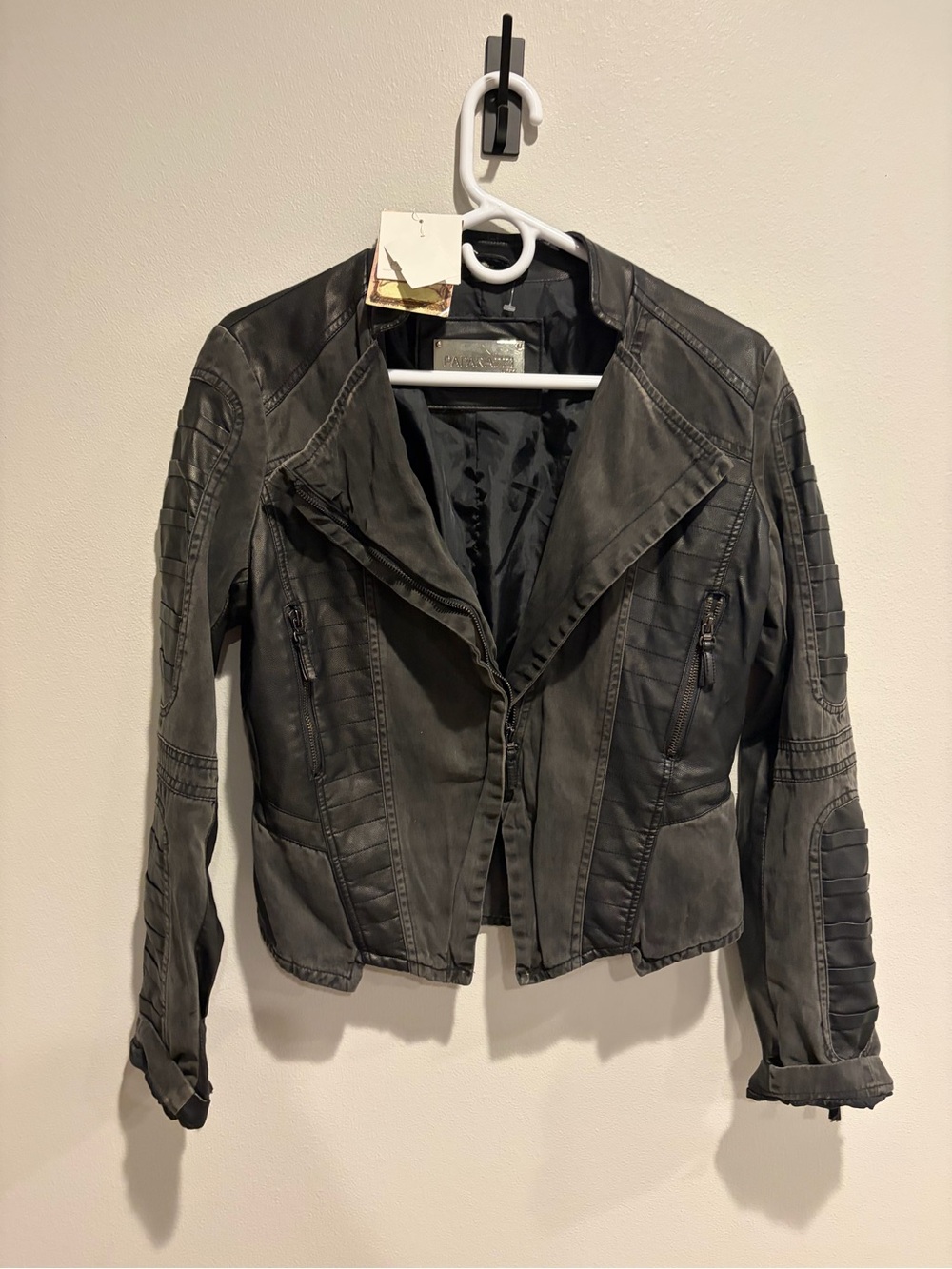 paparazzi Washed Black Leather Moto Jacket with Quilted Sleeve Panels